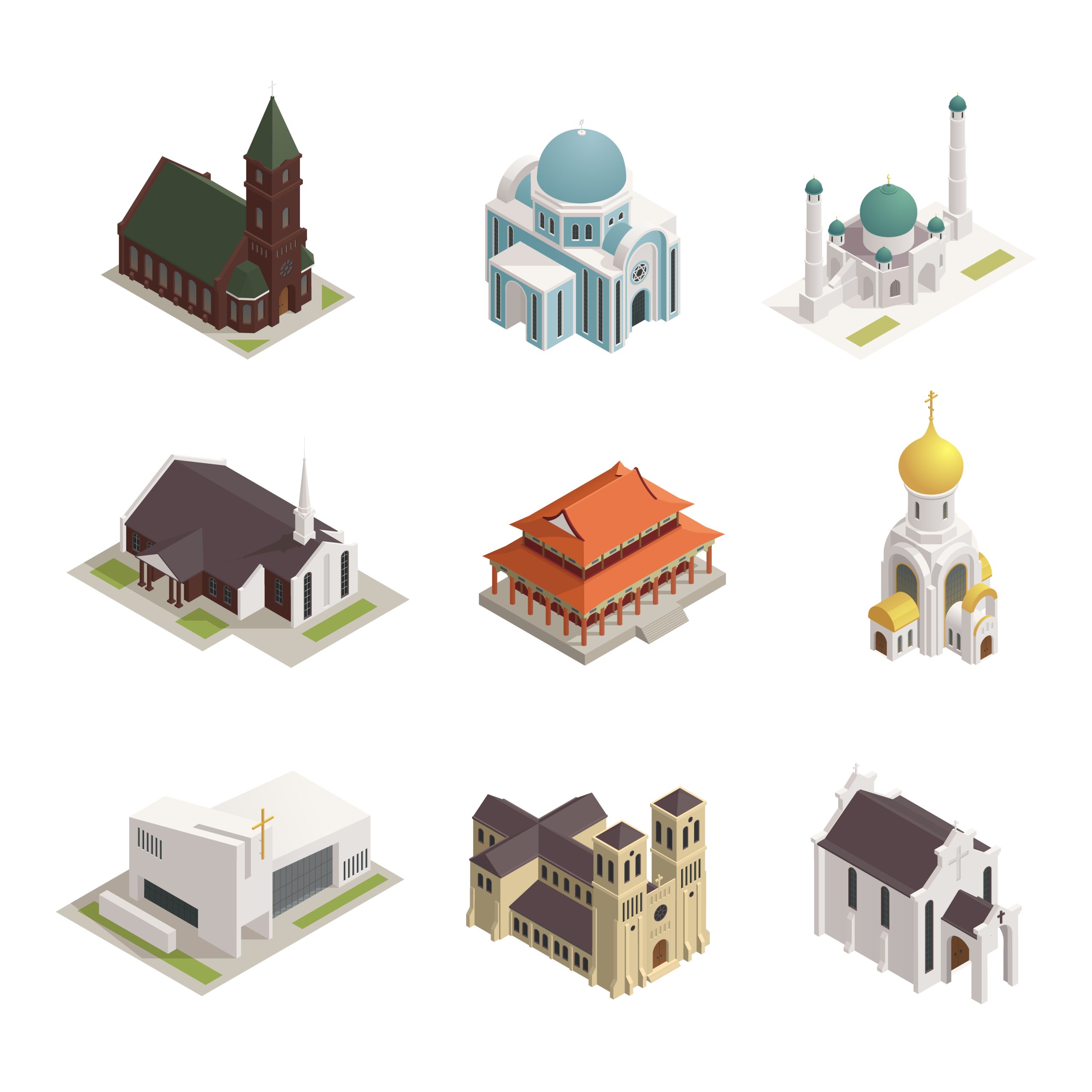 Church Cathedral Mosque Isometric Icons